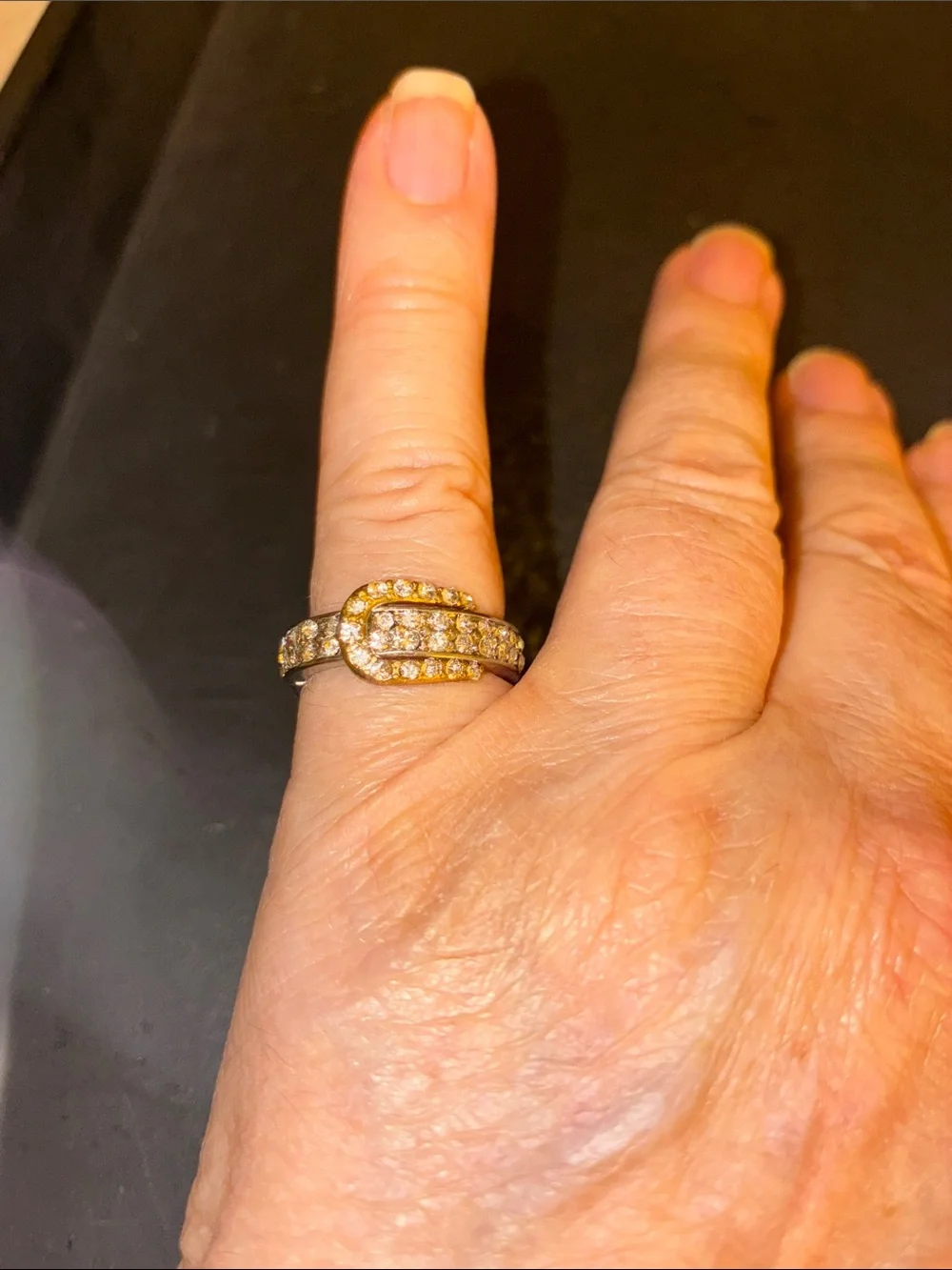 Gold-Tone Buckle Stretch Ring with Clear Pavé Crystals